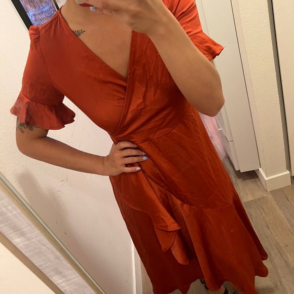 Terra Cotta Faux Wrap style Midi Dress - M - Picture 3 of 12